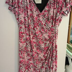Anne Klein Pink and Red Floral Midi Dress. Faux Wrap, Flutter Sleeve 1X